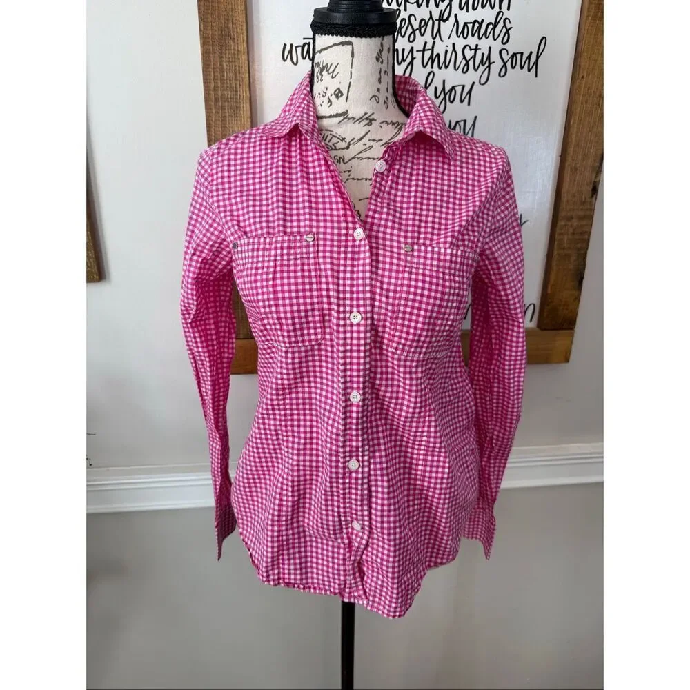 Michael Kors Women's Gingham Long Sleeve Button-up Shirt Blouse Pink White XS